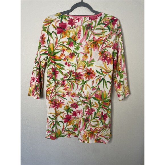 J Crew Tunic Top Size M Red Pink Floral Crepe V Neck 3/4 Length Sleeve Blouse - Picture 2 of 9